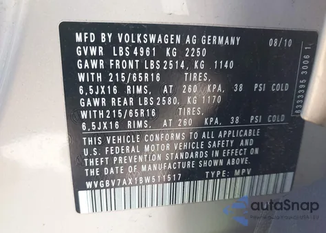 2011 Volkswagen Tiguan S z USA, uszkodzony, nr VIN WVGBV7AX1BW511517